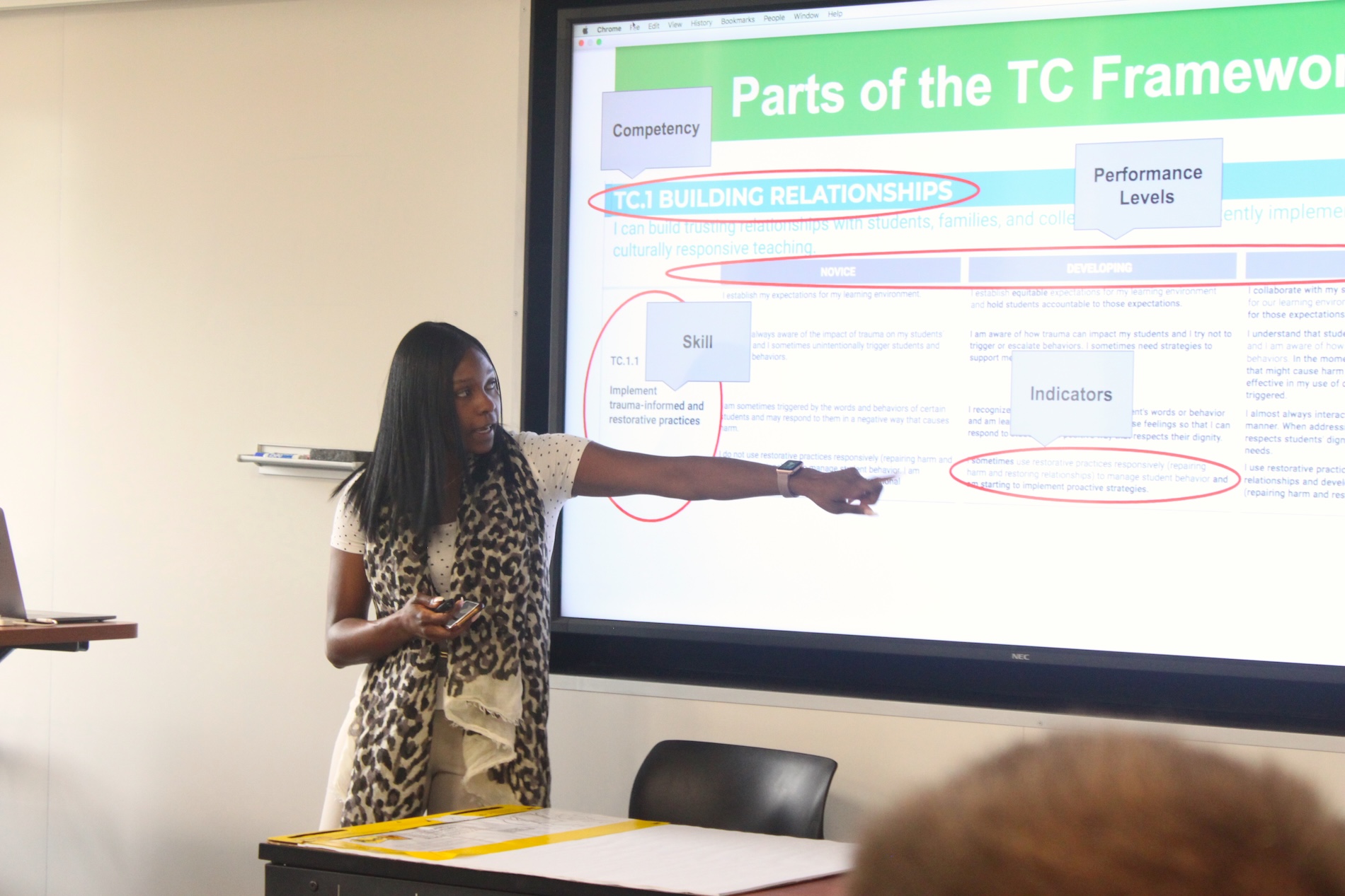 Ayris Sanders of Building 21 points to key elements on a large screen during a workshop, highlighting components of a teaching competency framework focused on building relationships.